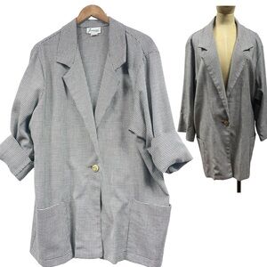 Micro Houndstooth Blazer Plus 22W White 90s Sport Coat Suit Vintage Minimalist